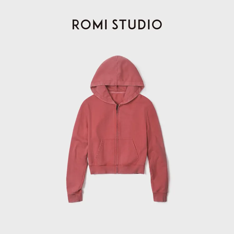 ROMI STUDIO复古水洗低饱和红全棉宽松连帽拉链卫衣 RWDSS62671