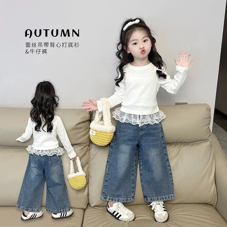女童假两件打底衫秋装新款韩版洋气儿童T恤上衣蕾丝边牛仔裤套装