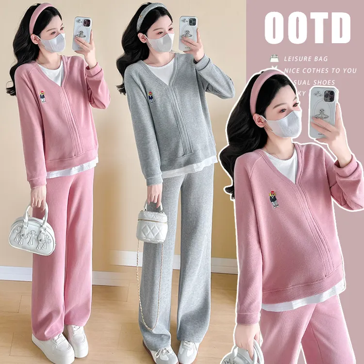 孕妇装春秋网红休闲运动风韩版时尚设计感假两件托腹外穿加绒套装