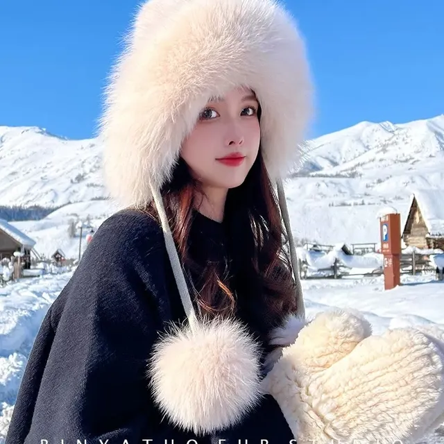 冬季狐狸毛仿皮草护耳雷锋帽甜美可爱针织毛线帽加绒保暖女滑雪帽