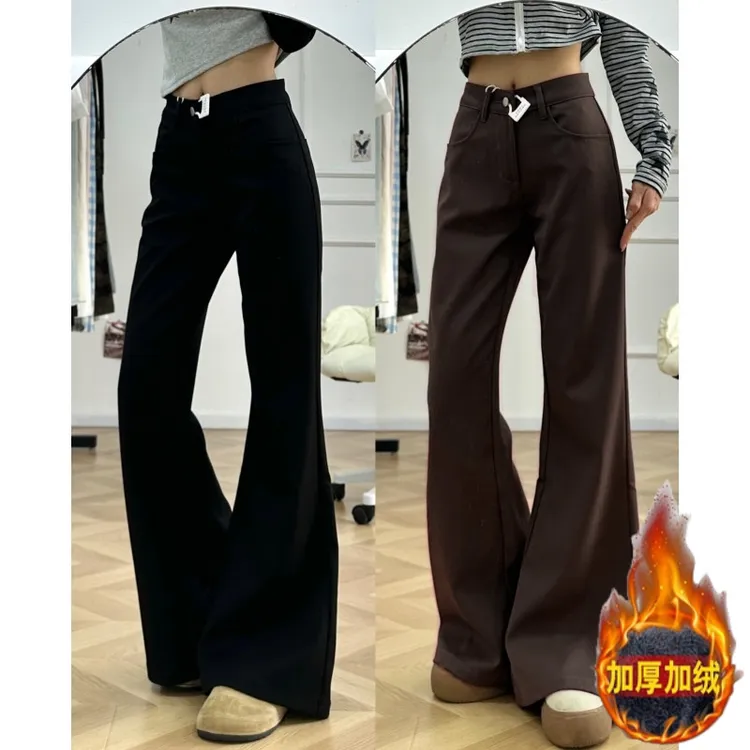180高个子175加长黑色加绒低腰微喇休闲裤女秋冬垂感不贴腿喇叭裤