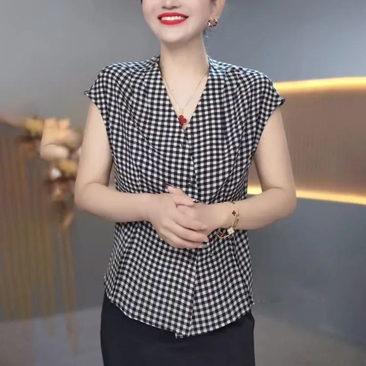 格子v领衬衫女2025夏季新款时尚显瘦减龄收腰设计感气质短袖上衣