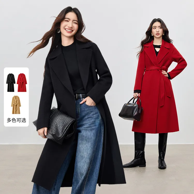尚都比拉气质英伦风通勤翻驳领中长款浴袍式双面呢大衣43352