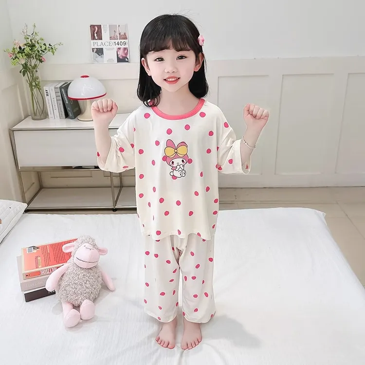 女童睡衣2025夏季新款女孩宝宝卡通圆点莫代尔居家空调服儿童套装
