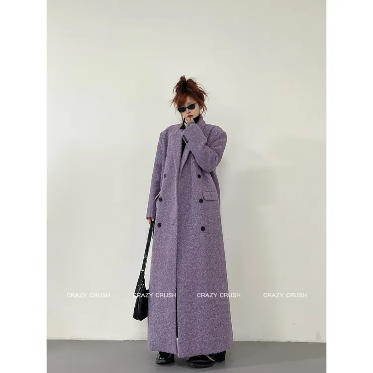 都市通勤长款毛呢外套韩系气质休闲紫色双排扣廓形秋冬呢子大衣