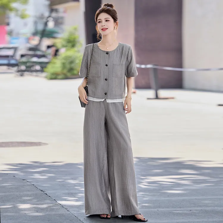 时尚休闲套装2025夏季新款气质轻奢开衫上衣阔腿裤两件套裤 L2572
