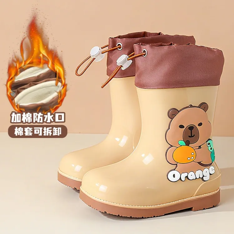 卡皮巴拉儿童雨靴男童雨鞋高筒加绒小学生男孩大童防水防滑水鞋冬