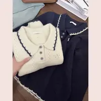 （W728）2025秋冬新款大码POLO领镂空提花蝴蝶结刺绣针织衫上衣女