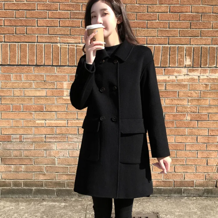 休闲风毛呢外套女中长款秋冬呢大衣显瘦小个子韩版黑色夹棉加厚