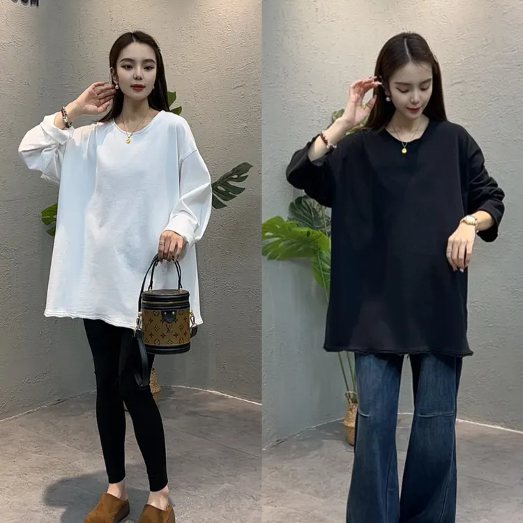 HG836秋季新款韩版纯色宽松休闲百搭圆领长袖T恤打底衫女
