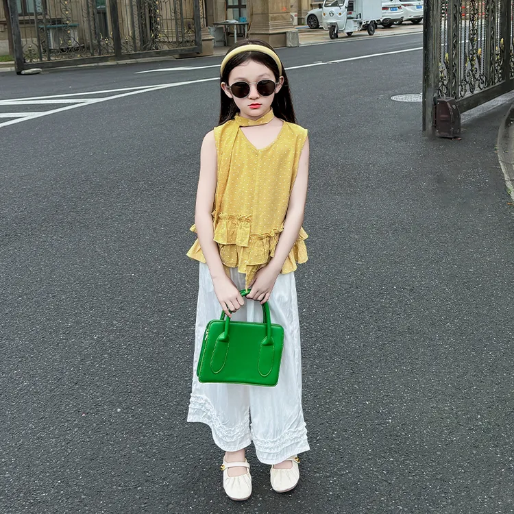 女童波点甜美洋气2025新款夏季时尚休闲上衣宽松休闲阔腿裤套装潮