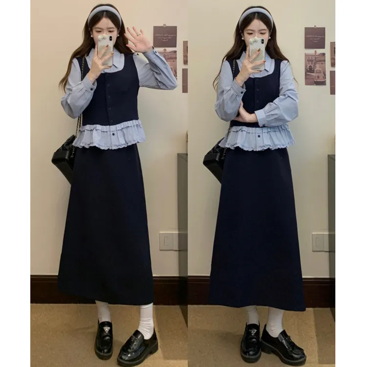 大码胖mm女装假两件拼接长袖衬衫半身裙两件套减龄穿搭套装女