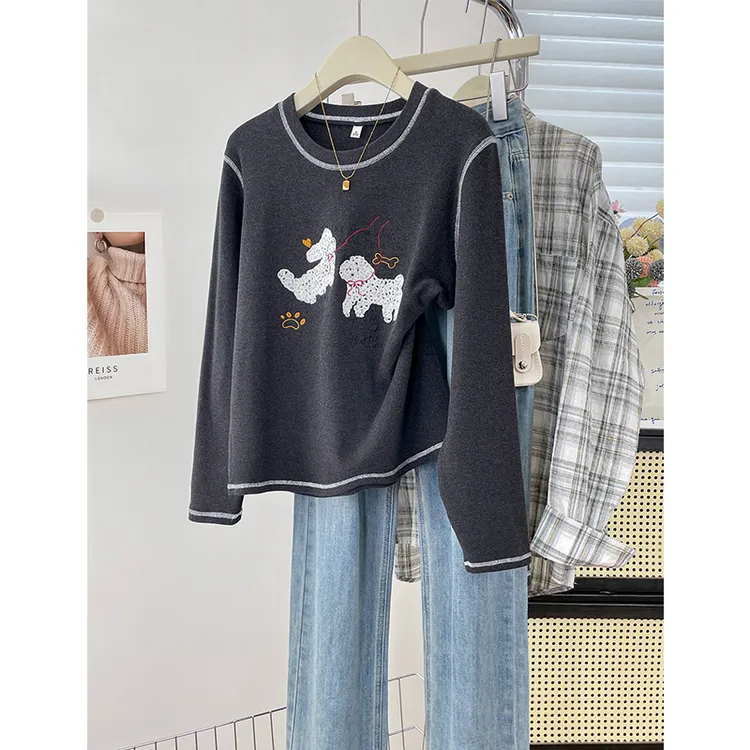 重工卡通刺绣明线设计感圆领长袖T恤冬季新款双面绒厚款减龄上衣