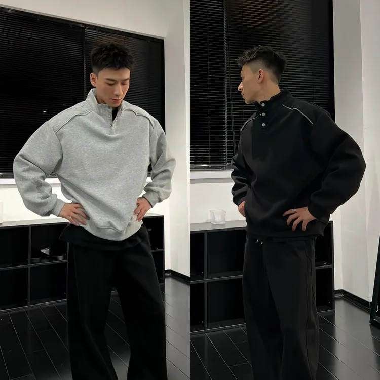 YJ玖柒400g重磅美式高街休闲立领卫衣男秋季排扣设计款休闲套头衫