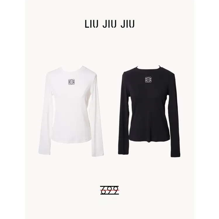 LIUJIUJIU 欧货秋季新款正肩刺绣圆领通勤感修身显瘦T恤TX4853L
