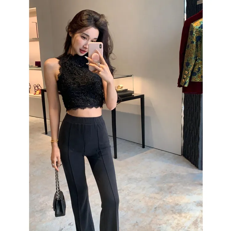 短款蕾丝上衣黑色微喇休闲裤女百搭垂感弹力长裤修身显瘦裤子套装