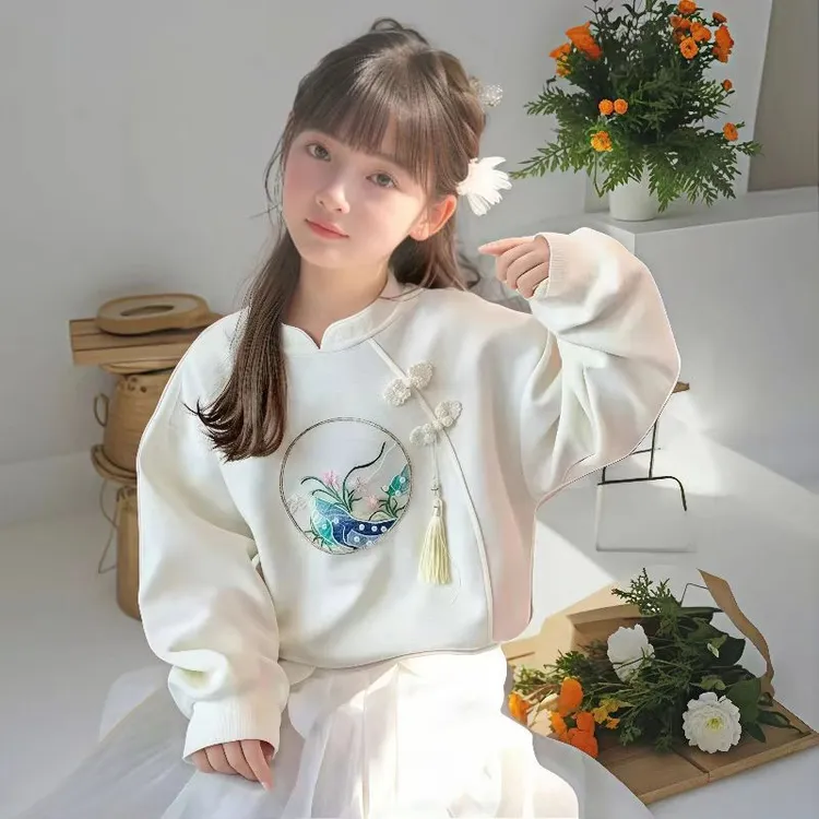女童加绒卫衣秋冬款中国风洋气秋装儿童装小女孩秋冬季上衣潮圆领