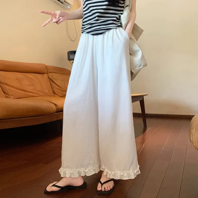 白色木耳边裙裤女夏季2025新款高腰显瘦慵懒宽松休闲小个子阔腿裤