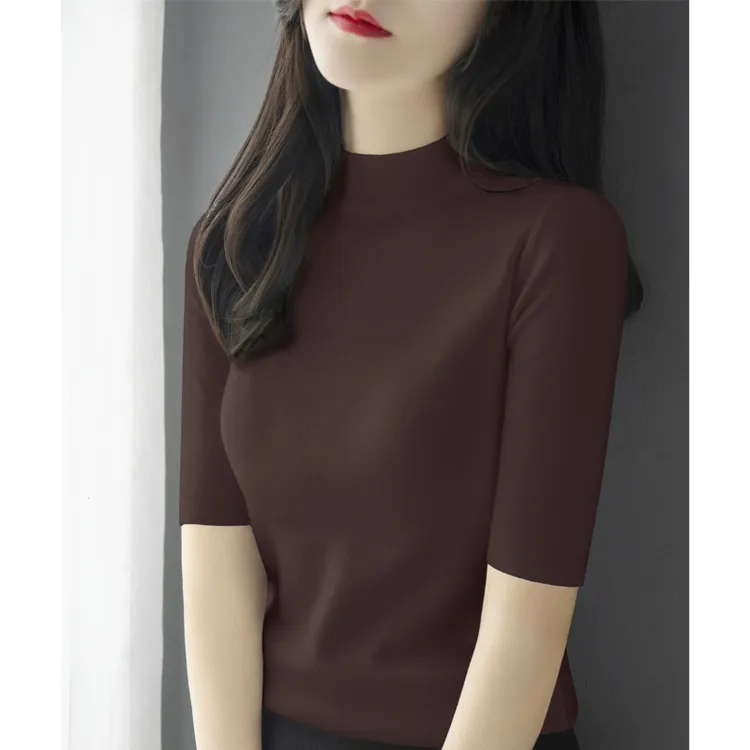 秋季半高领五分袖打底衫新年新款红色中袖针织衫时尚修身套头女装