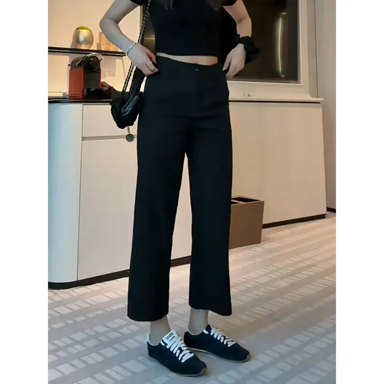 高腰韩系百搭直筒小黑裤夏季薄款大码女装显瘦百搭简约九分休闲裤