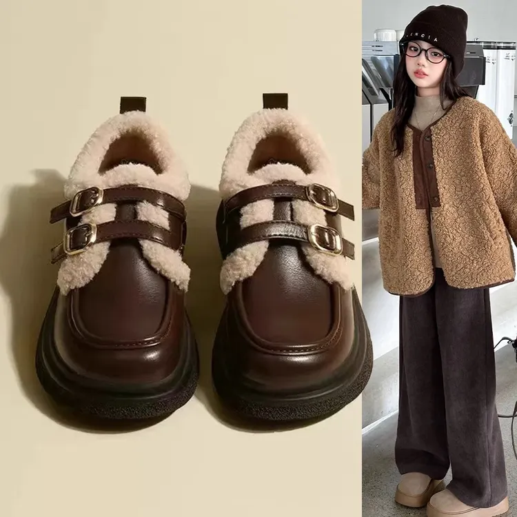 女童加绒小皮鞋2025秋冬爆款羊羔绒棉鞋中大童女厚绒复古乐福鞋