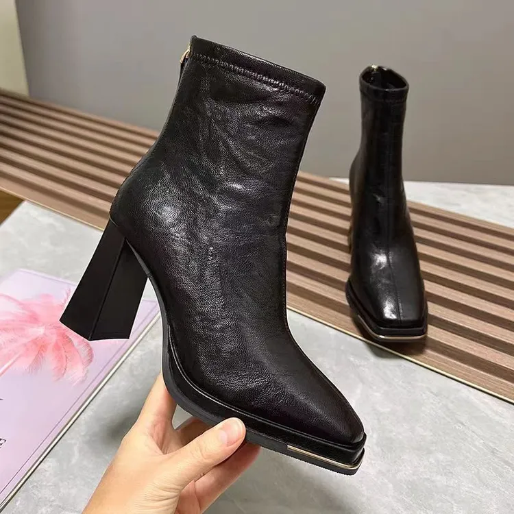 法式复古风方头增高马丁靴2025冬季防水台厚底粗跟高跟显瘦瘦短靴