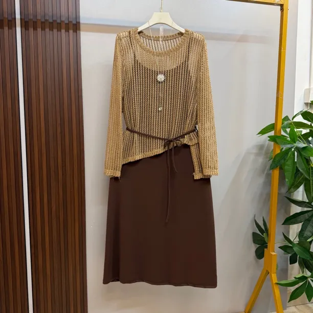 新款大码女装时尚洋气吊带连衣裙针织网外搭两件套套装