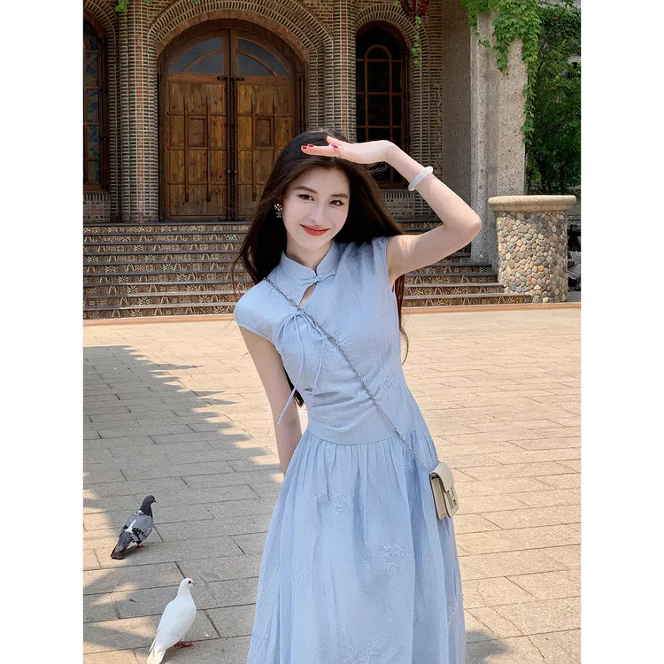 凌茜恣禾【云赋】国风新中式水墨花肌理感大裙摆连衣裙改良旗袍裙