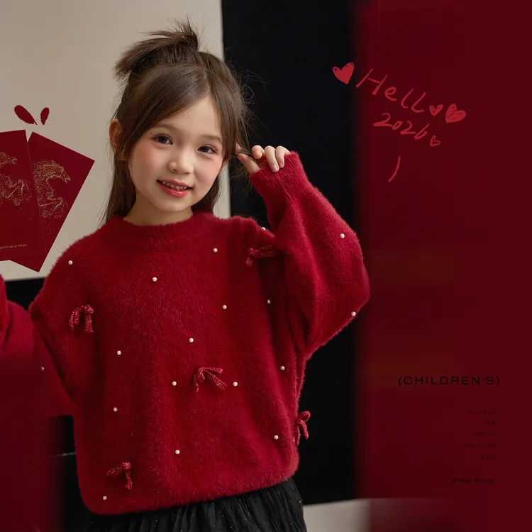 辰辰妈【珠光闪闪】儿童仿貂毛圆领毛衣蝴蝶结保暖新年上衣9424D