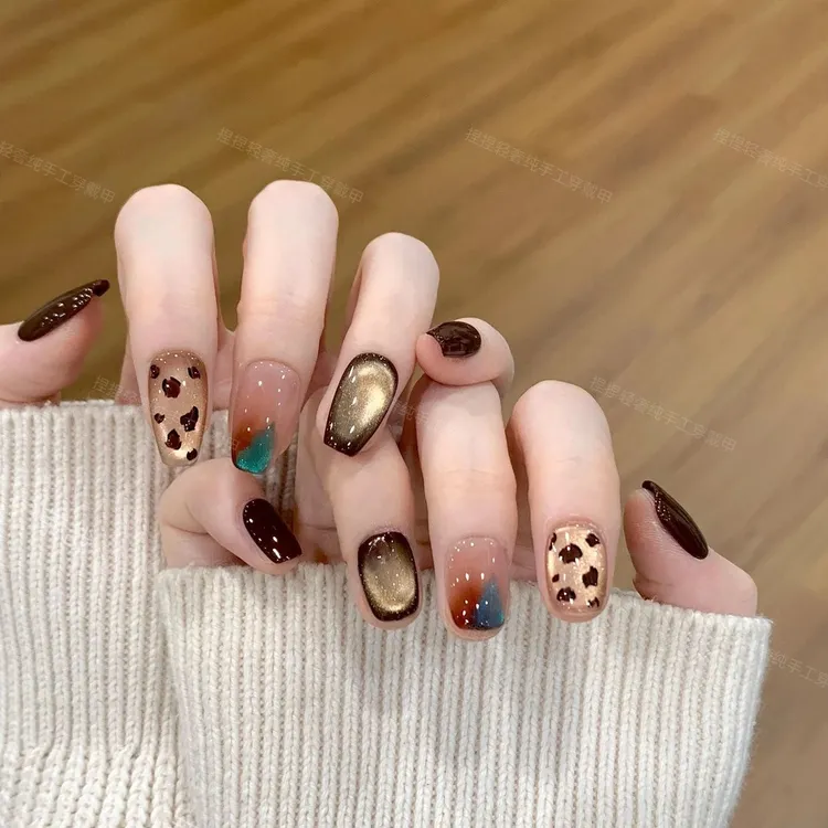 【松绿琥珀】纯手工穿戴甲豹纹猫眼黑色日常甜酷秋冬百搭捏捏穿戴甲