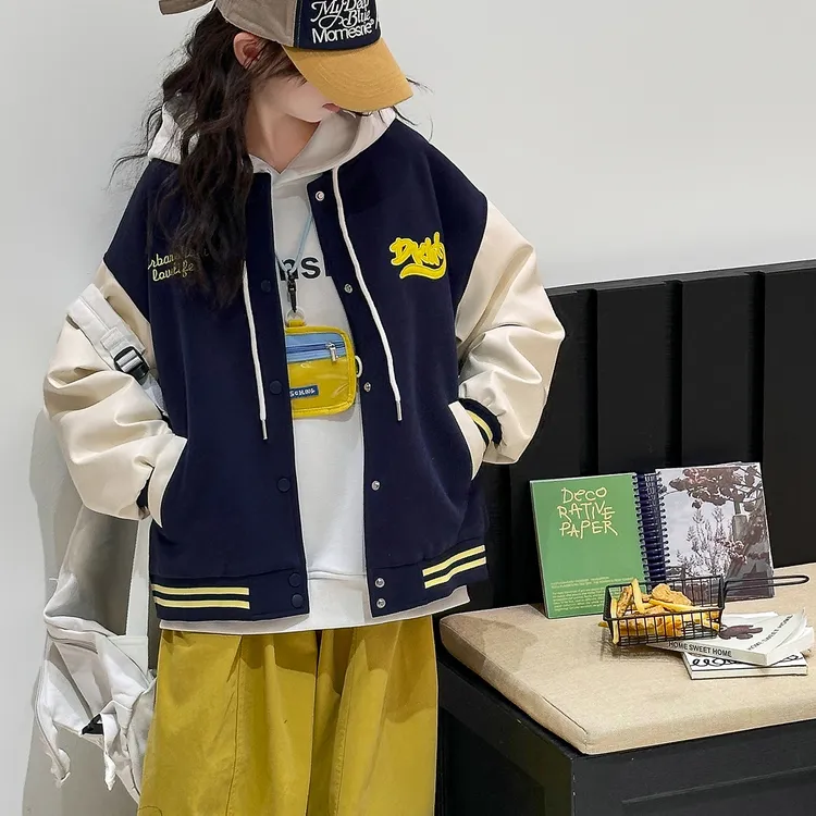 女童美式复古撞色外套8-15岁初中生百搭春秋外套中大童高端棒球服