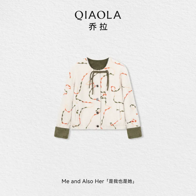 QIAOLA/乔拉【半日闲】秋冬仿羊羔毛绣花短款外套