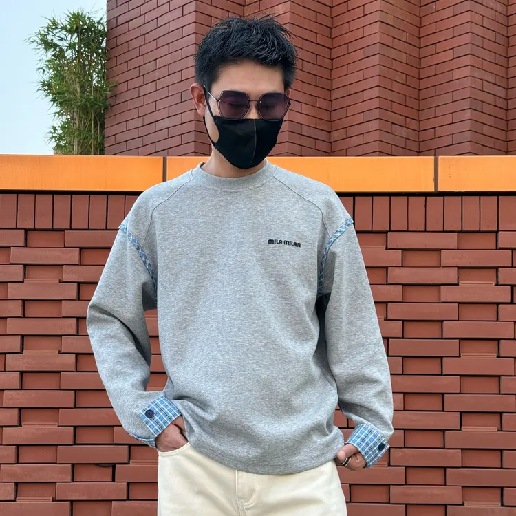 秋季宽松时尚刺绣韩系拼接高街套头袖口格子立体剪裁圆领男士卫衣