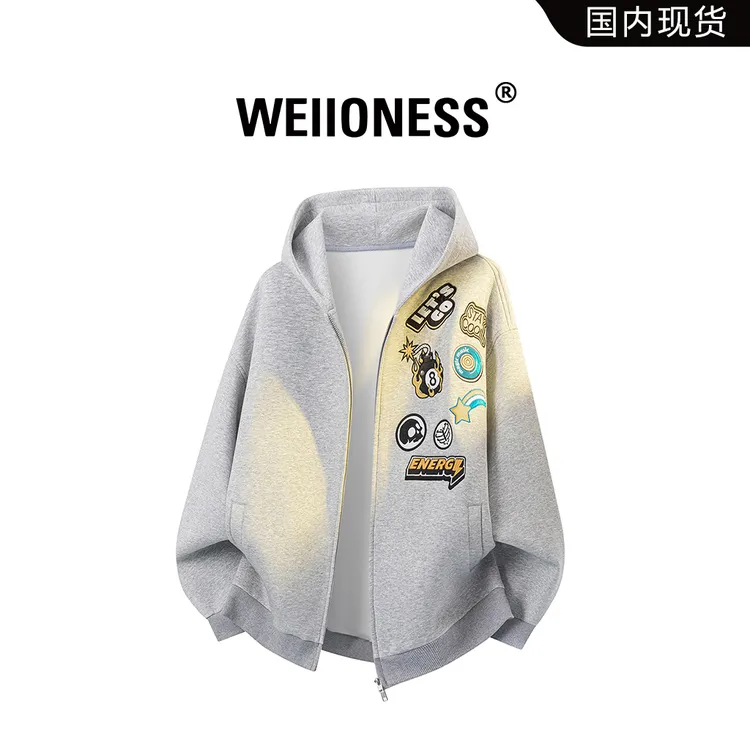WEIIONESS刺绣小标设计感卫衣男秋冬潮流百搭外套轻奢高级感男装
