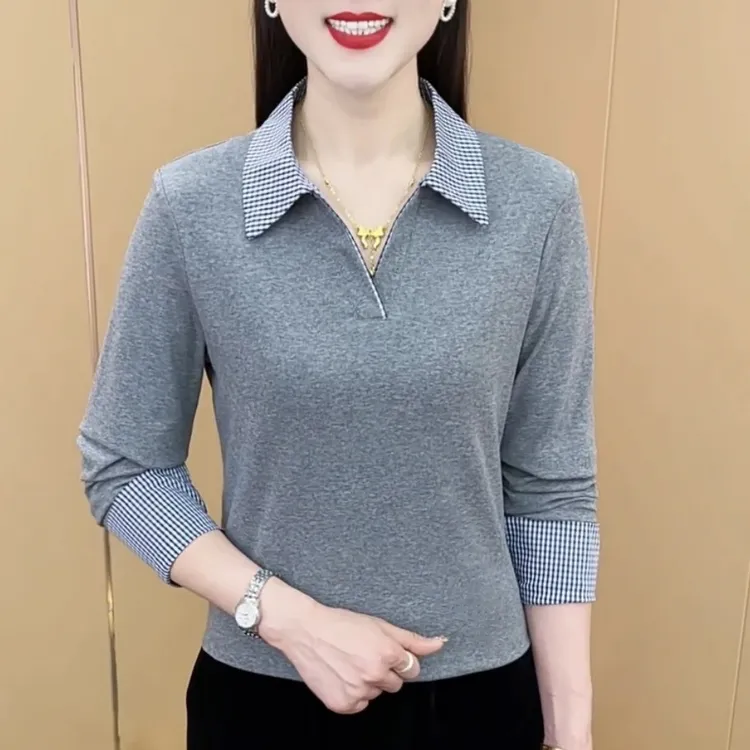 春季薄款长袖t恤女翻领格子拼接减龄百搭休闲大码妈妈小衫