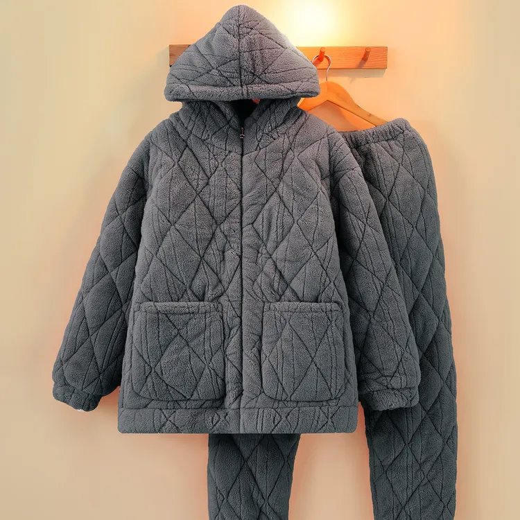 冬季男士拉链三层加厚加绒夹棉珊瑚绒大码夹棉睡衣男青年保暖套装