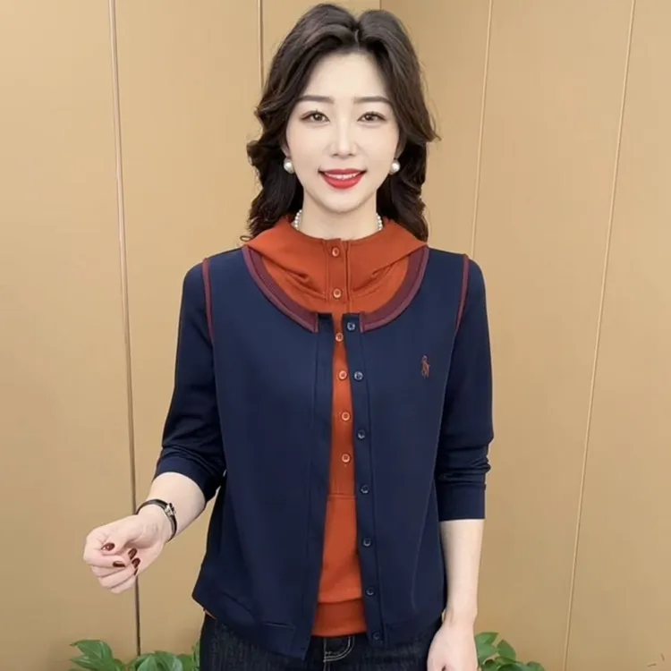 秋冬新款时尚连帽拼色常规假两件修身百搭显瘦休闲长袖上衣K2599