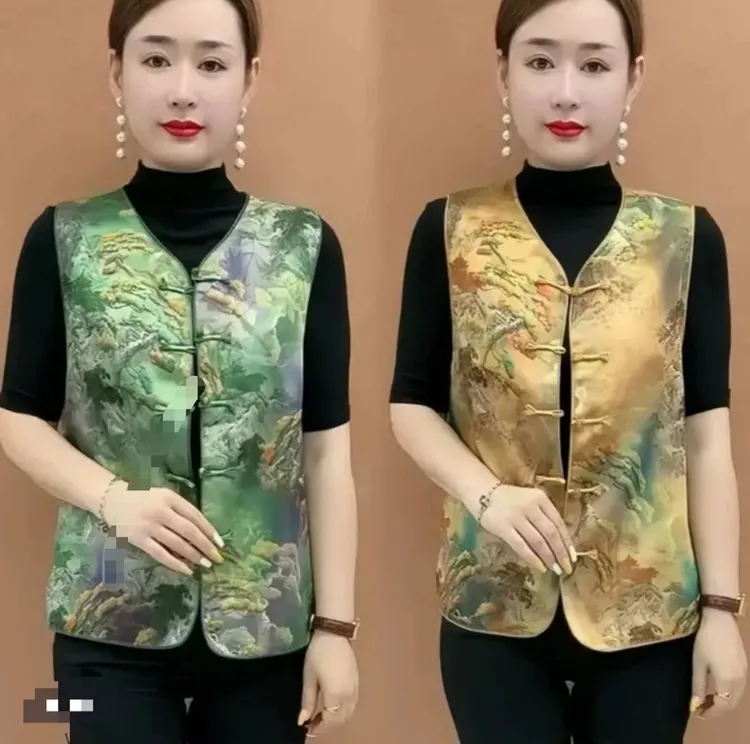 【正版]中式国风气质马甲时尚复古提花坎肩背心盘扣女装新款无袖