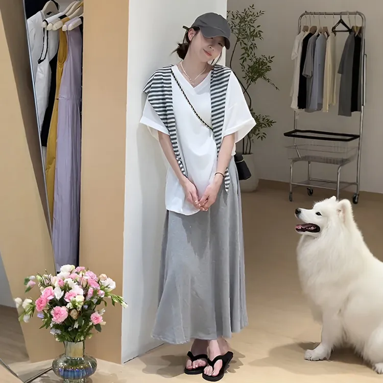 大码休闲套装女夏季条纹披肩上衣胖MM遮肚显瘦半身裙三件套-8000