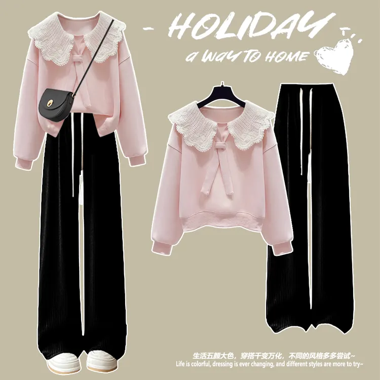 秋款女童套装小女孩气质翻领卫衣阔腿裤垂感两件套休闲运动小个子