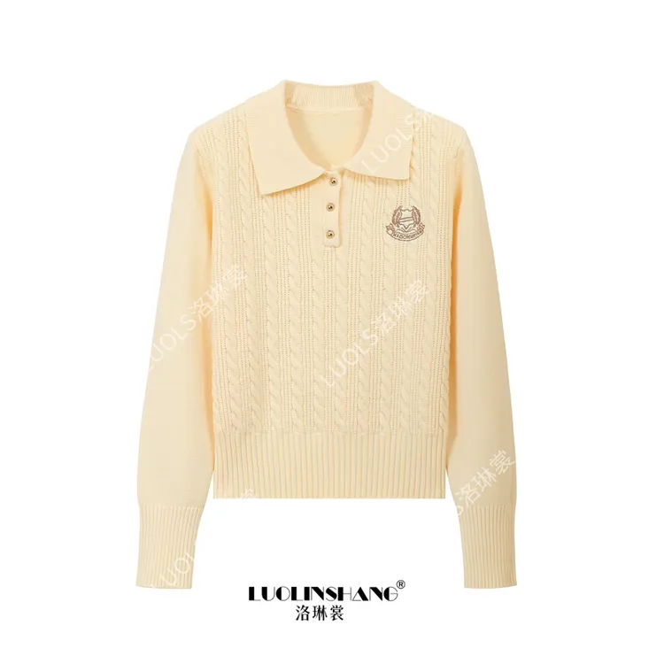 学院风麻花polo毛衣女2025新款气质韩系翻领刺绣套头短款针织衫女