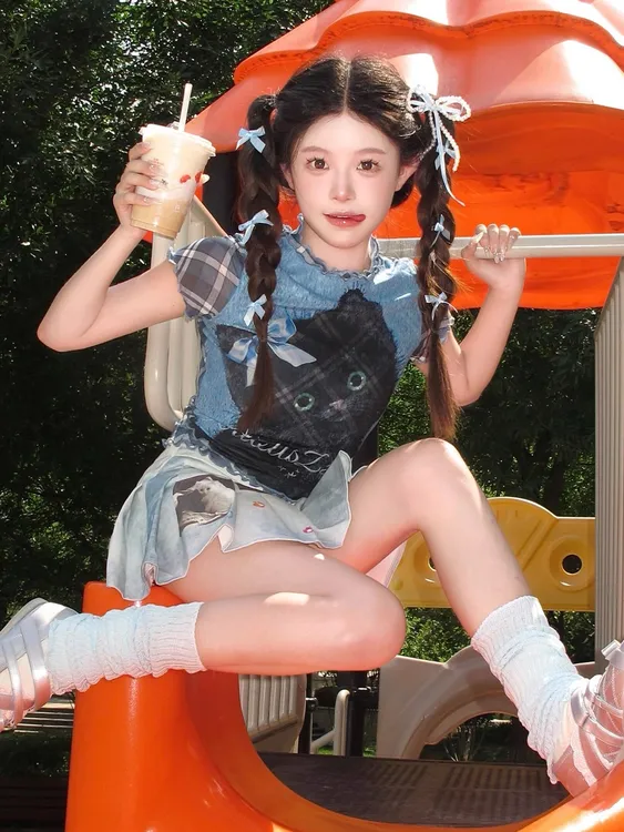 甜辣风y2k短袖T恤亚比印花网纱薄款修身短款可爱格纹卡通蓝色上衣