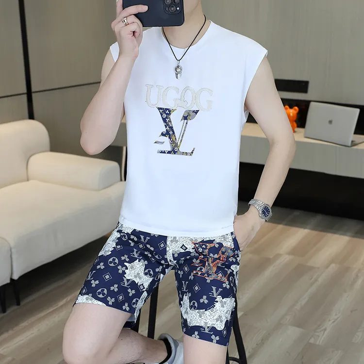 男士夏季时尚套装休闲潮流个性印花帅气薄款修身无袖T恤短裤套装
