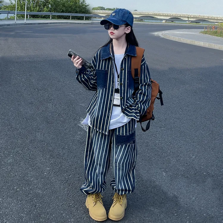女童2025春秋新款韩版设计感小众复古条纹牛仔阔腿裤套装两件套潮