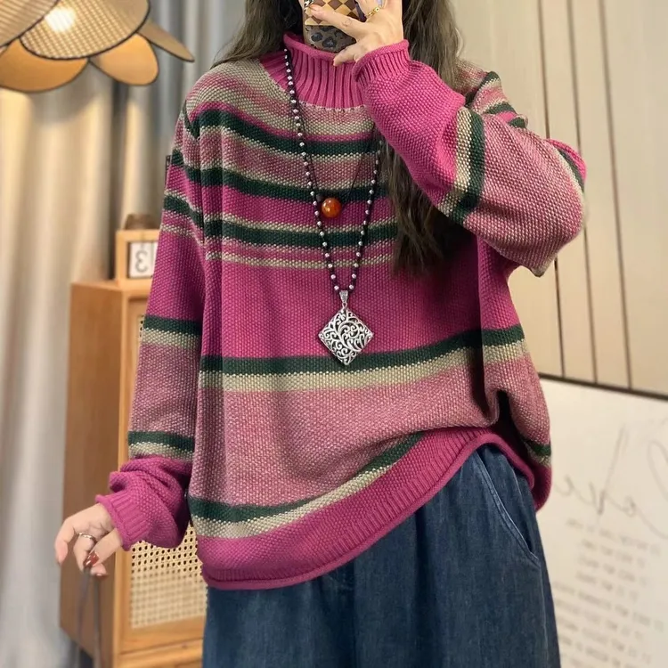 条纹拼色高领针织衫女秋冬慵懒风长袖宽松百搭设计感保暖毛衣上衣