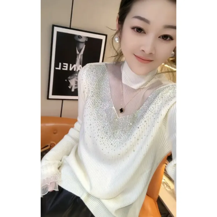 秋冬新款重工烫钻毛衣长袖女气质修身高领内搭打底镂空针织衫上衣