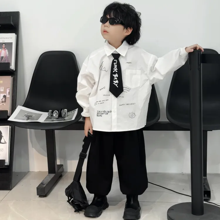 keykey|男童休闲百搭字母长袖衬衫