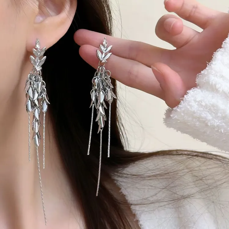 铜合金锆石耳饰 新款精致麦穗长款流苏耳环轻奢时尚气质小众耳环