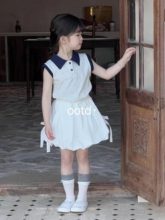 【限定款】OOTD-704-703-儿童时尚蝴蝶结裙裤V领无袖背心套装（夏款）