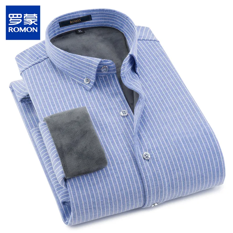 罗蒙男士高档保暖衬衫商务加绒加厚长袖衬衣冬季新款休闲条纹衬衣